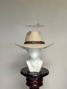 Cintillo en cuero marron con aplicaciones turquesa